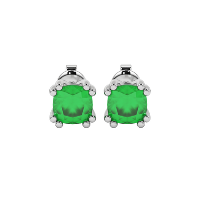 Emerald Green cushion gemstone stud earrings in White Gold