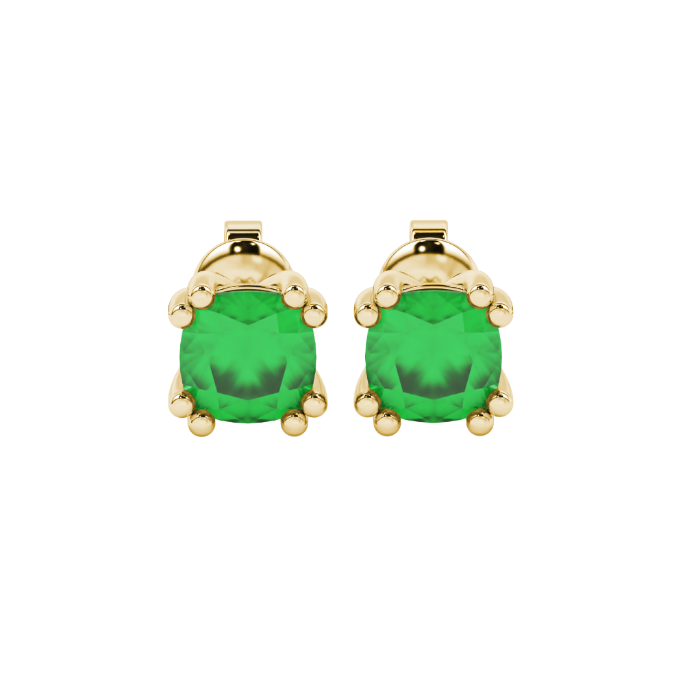 Green cushion cut floral crown stud earrings in rose gold multi-prong setting