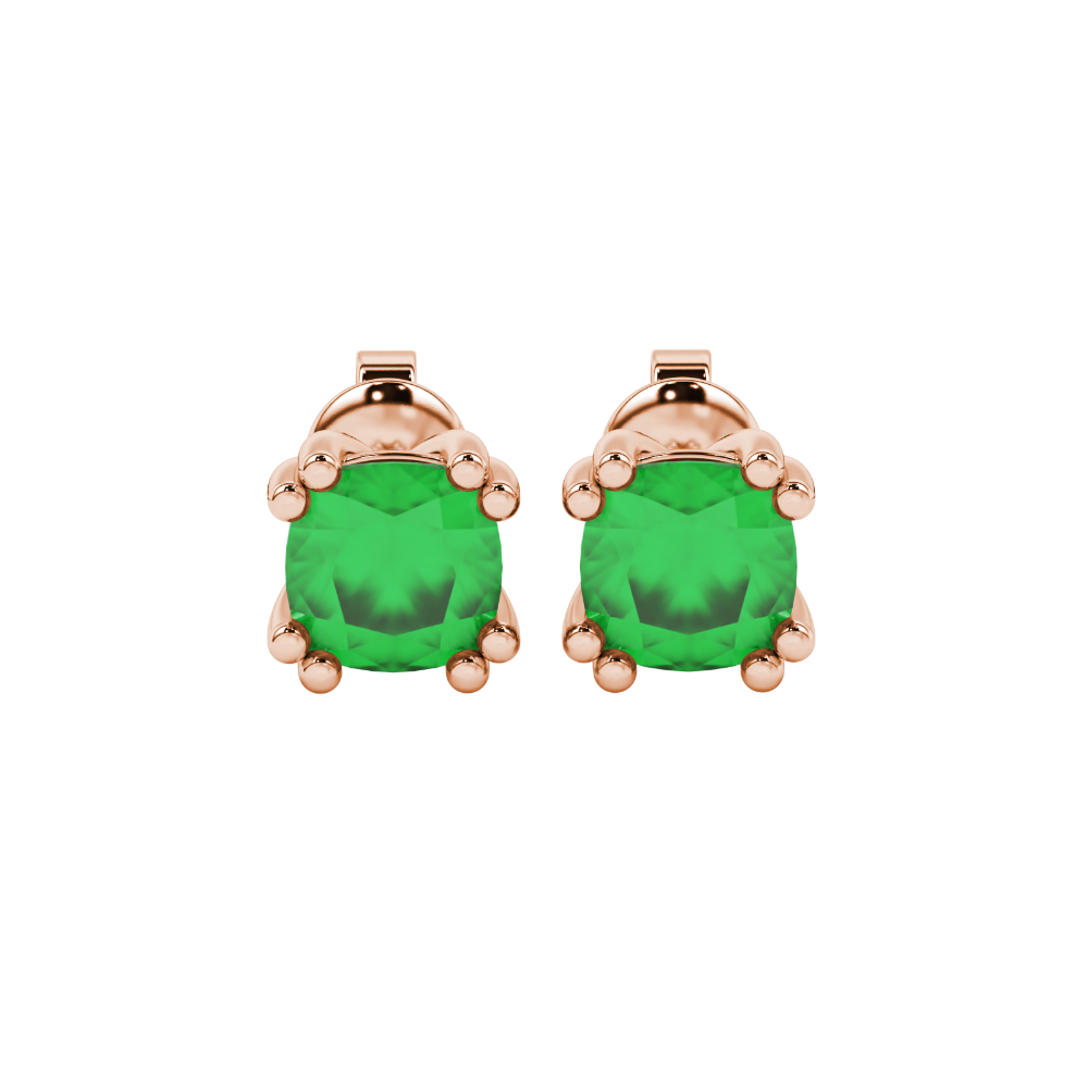 Green cushion cut floral crown stud earrings in rose gold multi-prong setting