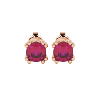 Red cushion cut floral crown stud earrings in rose gold multi-prong setting