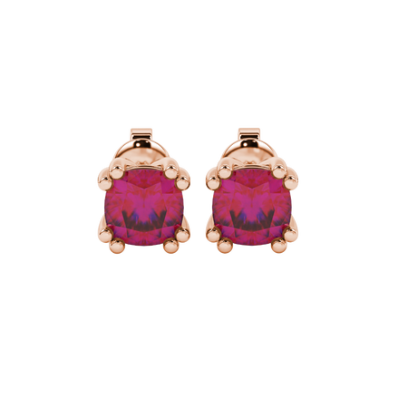 Red cushion cut floral crown stud earrings in rose gold multi-prong setting