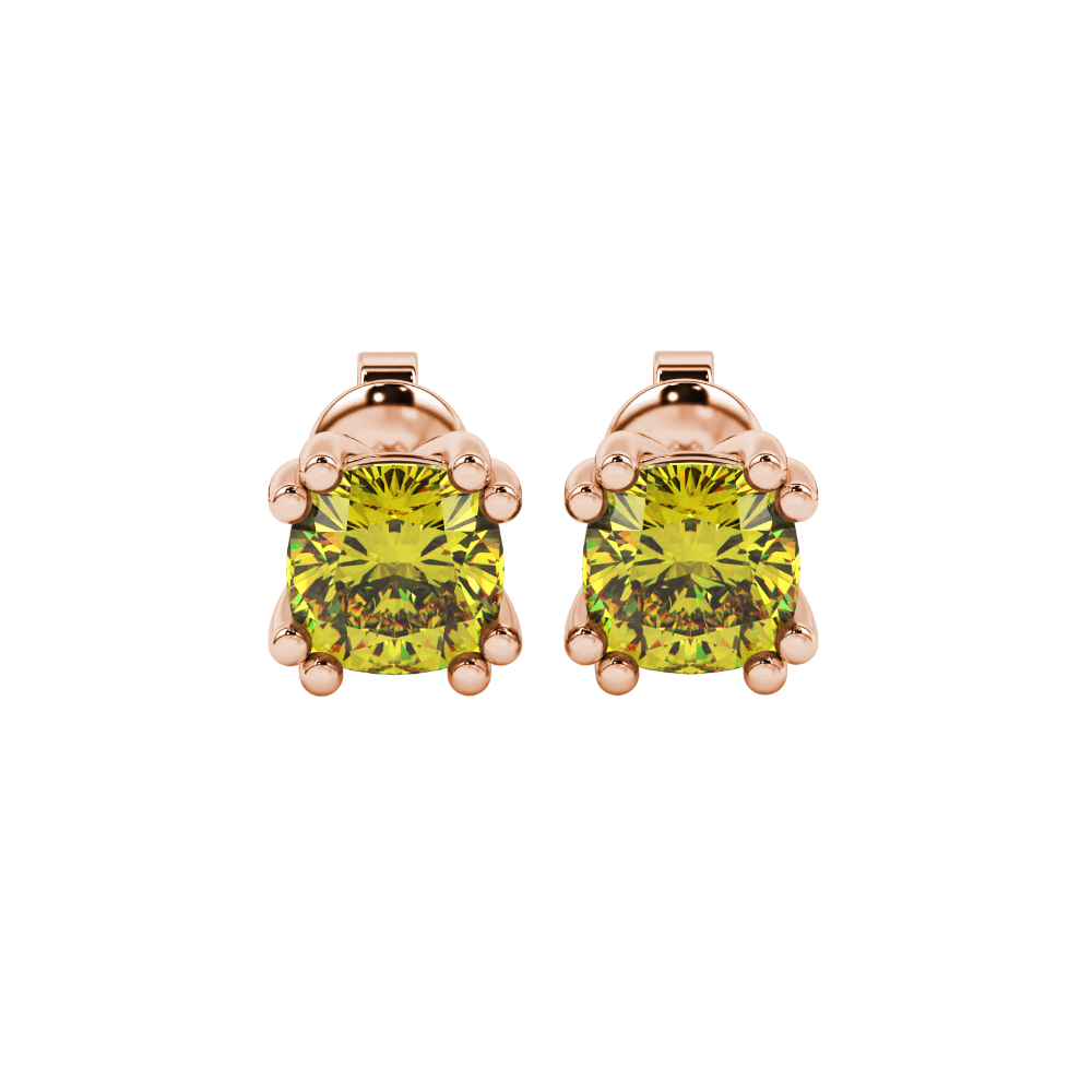Yellow cushion cut floral crown stud earrings in rose gold multi-prong setting