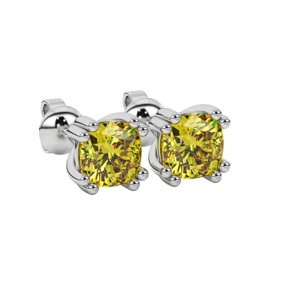 Yellow cushion cut floral crown stud earrings in rose gold multi-prong setting