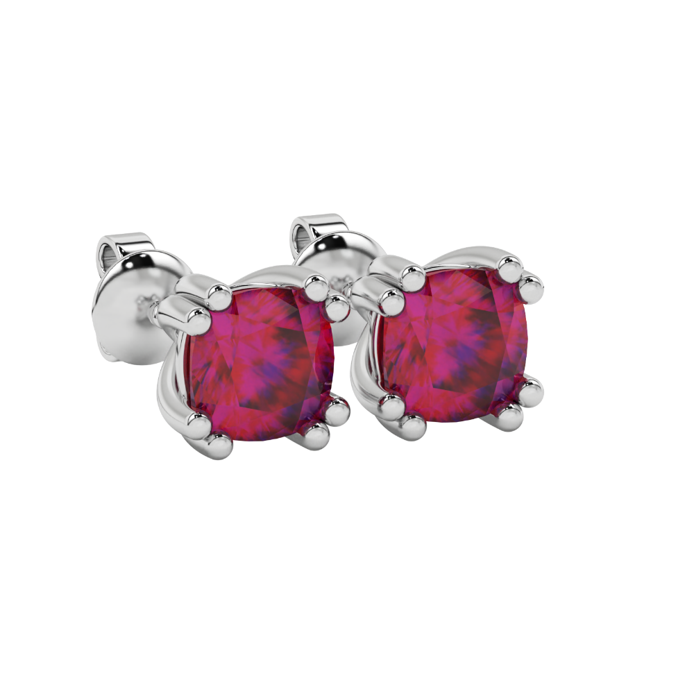 Red cushion cut floral crown stud earrings in rose gold multi-prong setting