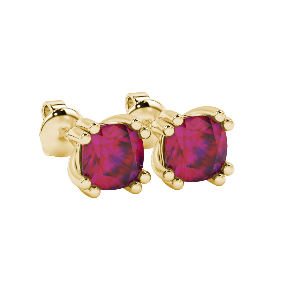 Red cushion cut floral crown stud earrings in rose gold multi-prong setting