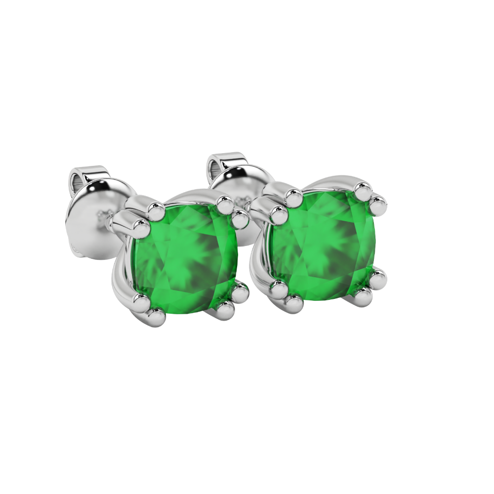Green cushion cut floral crown stud earrings in rose gold multi-prong setting
