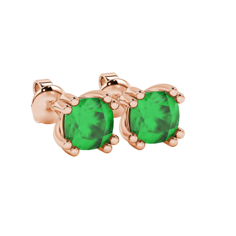 Green cushion cut floral crown stud earrings in rose gold multi-prong setting