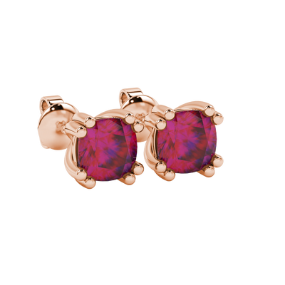 Red cushion cut floral crown stud earrings in rose gold multi-prong setting