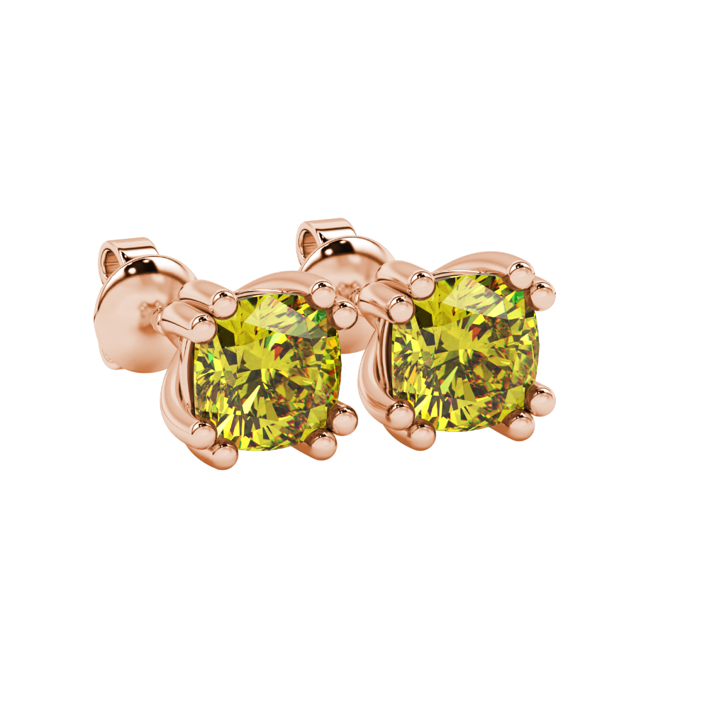 Yellow cushion cut floral crown stud earrings in rose gold multi-prong setting