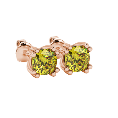 Yellow cushion cut floral crown stud earrings in rose gold multi-prong setting