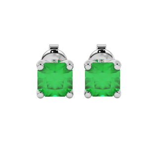 Radiant-cut emerald green gemstone stud earrings in a white gold four-prong setting.