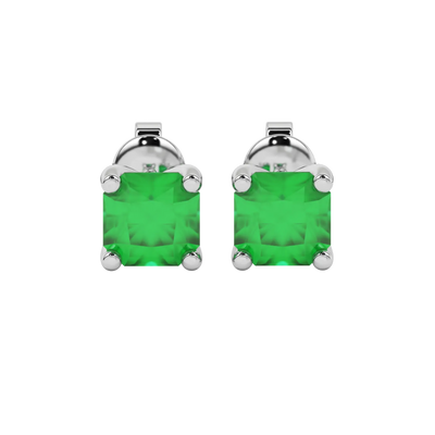 Radiant-cut emerald green gemstone stud earrings in a white gold four-prong setting.