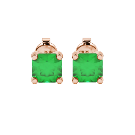 Radiant-cut emerald green gemstone stud earrings in a rose gold four-prong setting.
