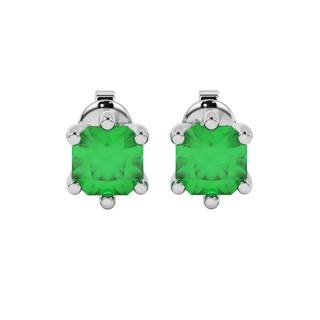 Radiant-cut emerald green gemstone stud earrings in a white gold six-prong setting.