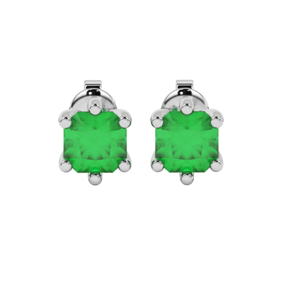 Radiant-cut emerald green gemstone stud earrings in a white gold six-prong setting.
