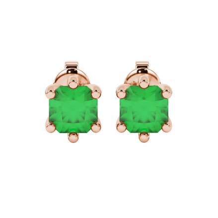 Radiant-cut emerald green gemstone stud earrings in a rose gold six-prong setting.