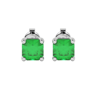 Radiant-cut emerald green gemstone stud earrings in a white gold classic basket setting