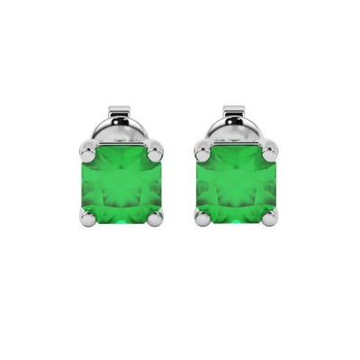 Radiant-cut emerald green gemstone stud earrings in a white gold classic basket setting