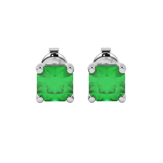 Radiant-cut emerald green gemstone stud earrings in a white gold classic basket setting
