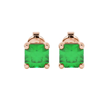 Radiant-cut emerald green gemstone stud earrings in a rose gold classic basket setting.