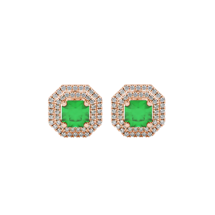 Radiant-cut emerald green gemstone stud earrings in a rose gold falling edge halo setting