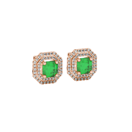 close-up shot of radiant-cut emerald green gemstone stud earrings with a rose gold halo gallery.
