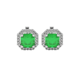 Radiant-cut emerald green gemstone stud earrings in a white gold french pavé halo setting.