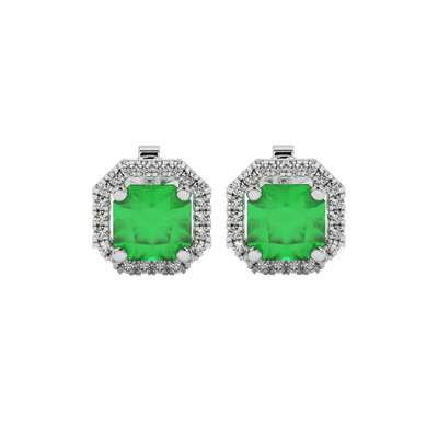 Radiant-cut emerald green gemstone stud earrings in a white gold french pavé halo setting.