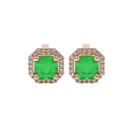 Radiant-cut emerald green gemstone stud earrings in a rose gold french pavé halo setting