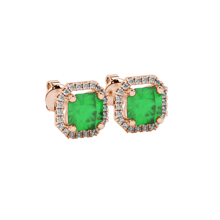 close-up shot of radiant-cut emerald green gemstone stud earrings with a rose gold french pavé halo gallery.