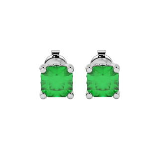 Radiant-cut emerald green gemstone stud earrings in a white gold lotus basket setting.