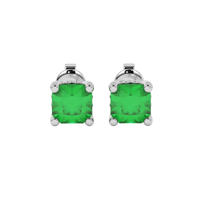 Radiant-cut emerald green gemstone stud earrings in a white gold lotus basket setting.
