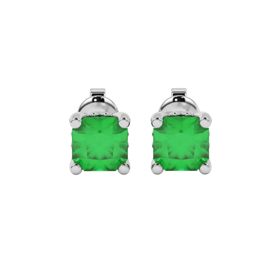 Radiant-cut emerald green gemstone stud earrings in a white gold lotus basket setting.