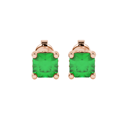 Radiant-cut emerald green gemstone stud earrings in a rose gold lotus basket setting.