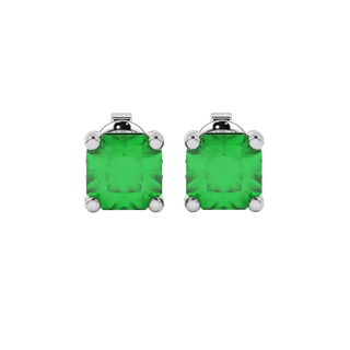 Radiant-cut emerald green gemstone stud earrings in a white gold pavé basket setting.