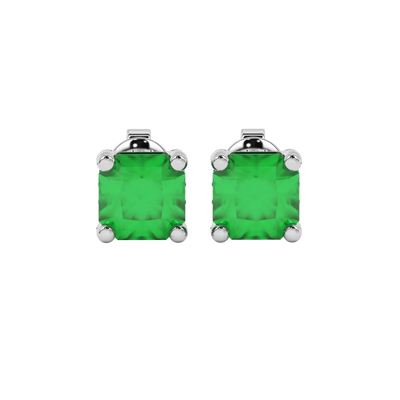 Radiant-cut emerald green gemstone stud earrings in a white gold pavé basket setting.