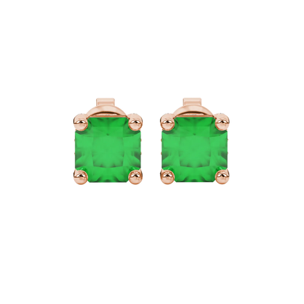 Radiant-cut emerald green gemstone stud earrings in a rose gold pavé basket setting.