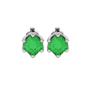 Radiant-cut emerald green gemstone stud earrings in a white gold scalloped six-prong setting