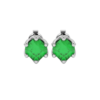 Radiant-cut emerald green gemstone stud earrings in a white gold scalloped six-prong setting