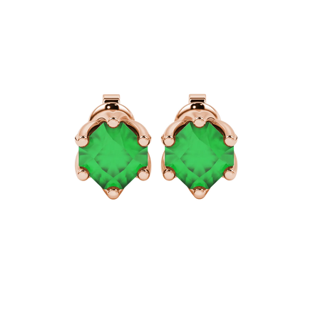 Radiant-cut emerald green gemstone stud earrings in a rose gold scalloped six-prong setting