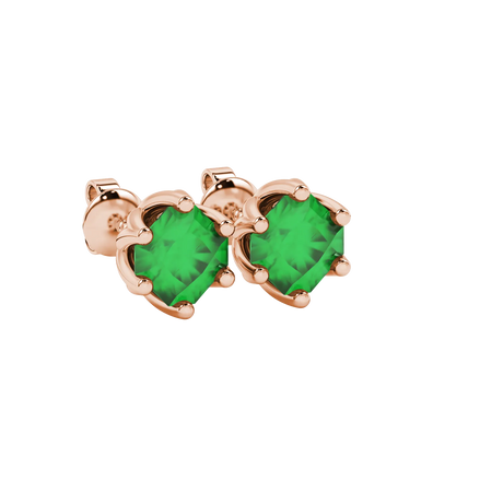 close-up shot of radiant-cut emerald green gemstone stud earrings with a rose gold scalloped six-prong design.