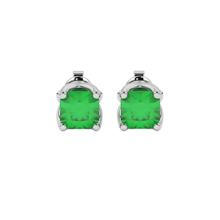 Radiant-cut emerald green gemstone stud earrings in a white gold tulip basket setting.