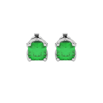 Radiant-cut emerald green gemstone stud earrings in a white gold tulip basket setting.