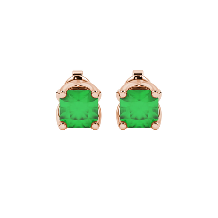 Radiant-cut emerald green gemstone stud earrings in a rose gold tulip basket setting.