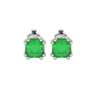 Radiant-cut emerald green gemstone stud earrings in a white gold vintage basket setting.