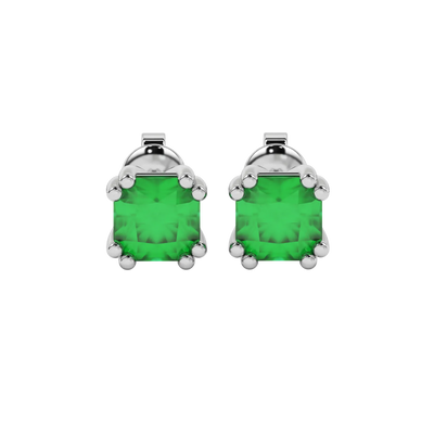 Radiant-cut emerald green gemstone stud earrings in a white gold vintage basket setting.