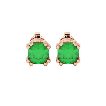 Radiant-cut emerald green gemstone stud earrings in a rose gold vintage basket setting.
