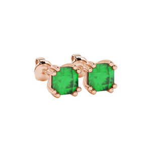 close-up shot of radiant-cut emerald green gemstone stud earrings with a rose gold vintage basket gallery.