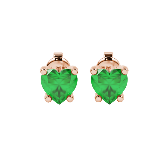 Emerald Green Heart Cut Gemstone Solitaire Stud Earrings in Rose Gold