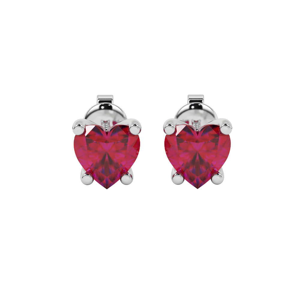 Raspberry Red Heart Cut Gemstone Solitaire Stud Earrings in Yellow Gold